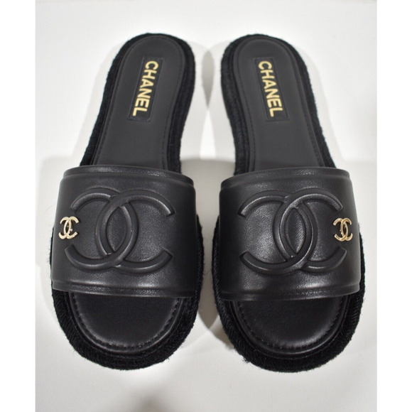 Chanel 23C Black Lambskin Leather CC Logo Slide Sandal Slip Espadrille Flat 42 - Picture 1 of 12